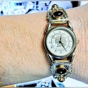 Native American Silver/Gold/Black Onyx Tips, Silver Liberty Watch, Stretch Band